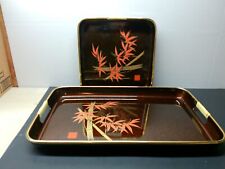 Vintage Lacquer Ware Nesting Tray Gold Trim Bamboo Asahi Japan MCM picture