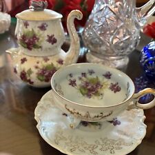 Lefton China Hand Painted Violets Tea  Stackable Cream Sugar Footed Cup Saucer picture