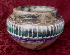 Colorful Navajo Horsehair Pottery Bowl Signed V.T Navajo picture