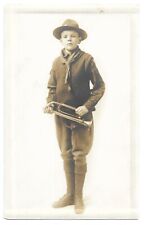 Boyscout With Horn In Studio 1920s Antique RPPC Photo Postcard Brooklyn New York picture