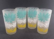 Vtg Mid Century Modern MCM Turquoise White Yellow Daisy Frosted Juice Glasses picture