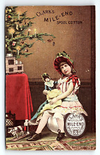 c1880 CLARK'S MILE-END SPOOL COTTON GIRL WITH DOLL TRADE CARD P1967 picture