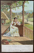 Postcard Woman in Traditional Costume on Veranda Antique picture