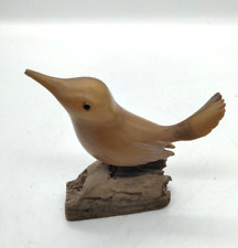 Primitive Folk Art Small Hand Carved Wren Song Bird On Driftwood Unsigned picture