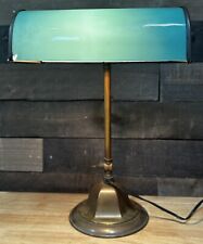 Antique Early Brass Leviton Banker Desk Lamp W/ Ripple Milk Glass Shade picture