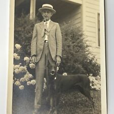 Vintage B&W Snapshot Photograph Man Smoking Pipe w/Hat & Dog Doberman Pinscher picture