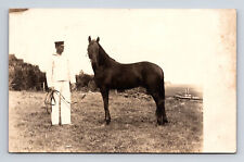 RPPC Man in White With Dark Horse on Farm Real Photo Postcard picture