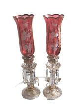 Fabulous Pair Vintage Electric French Hurricane Mantel Lamps w/ Shades & Prisms picture