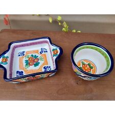 Arte Cruz Pottery Talavera Small Square Handled Dish & Salsa Bowl picture