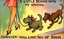 Hound dog sniffs girl terrier~woman pretty legs~1940s pun comic A LITTLE BEHIND picture