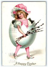 1909 Easter Girl Hatched Egg Pipe Berry Embossed Clapsaddle Antique Postcard picture