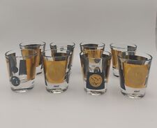 Set of 8 Vintage Cera Black Gold Coin Shot Glasses Barware 2.5
