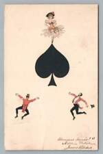 Woman Dancing on Playing Card Spade ~ Antique French Fantasy Art ~1900s picture