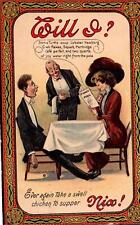 MAN REGRETS DINING With Lovely LADY On Colorful Vintage 1910 COMIC Postcard picture