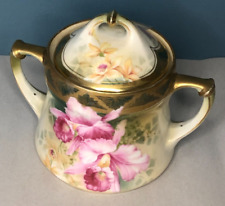 Vintage RS Germany Sugar Bowl Handles Floral Pink Rose Green Gold Accent w/Lid picture