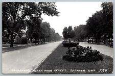 Spencer Iowa~North Main Street Boulevard~Houses~Landscaped Median~1940s RPPC picture