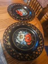 TWO Unsigned Vintage Black Metal Plates - Hand Painted Florals - 7