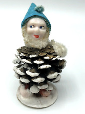 Vintage MID-CENTURY Christmas PINECONE Gnome ELF Teal JAPAN Celluloid CHENILLE picture
