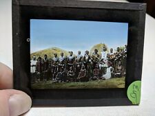 COLORED Glass Magic Lantern Slide EUJ ZULU WAR PARTY POSING FOR PICTURE TRUMPET picture