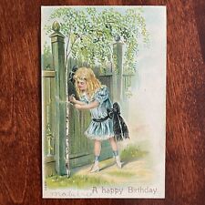 Girl Blue Dress w/ Symbolic Birch Tree Embossed Birthday Postcard c1907 picture