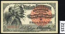Dealer Dave Columbian Exposition 1893, INDIAN PORTRAIT TICKET, EXCELLENT(2115) picture