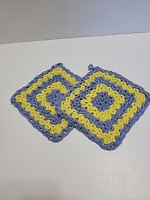 Vintage Hand Crocheted Square Potholders - Two - Yellow/ Blue 6x6 Granny Core picture