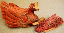 Vintage SET 2 Hand Carved Painted Wood INDIA FOLK ART BIRDS Magnificent Large picture