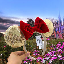 Minnie Ears Disney-Parks Sequins 2024 Mickey Mouse Rare Red Bow Gold Headband US picture