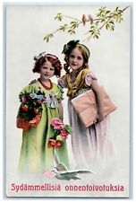 c1910's Best Wishes Girls Holding Gift And Flowers Birds Gel Antique Postcard picture