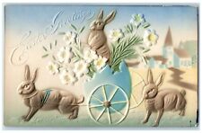 c1910s Easter Greetings Rabbit Pulling Cart Egg Hatched Airbrushed Postcard picture