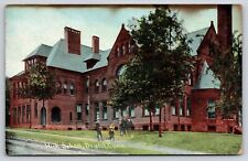 Bristol Connecticut~Panorama: Trio of Boys on Bank Below High School~Postcard PC picture