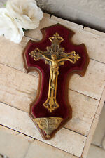 Old French antique Holy water font brass crucifix red velvet religious  picture