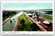 Original Old Vintage Antique Postcard Boat Locks Aerial Landscape Marie Michigan picture