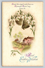 Antique Embossed Best Easter Wishes Snow Drop Bells Rural Cottage Scene Postcard picture