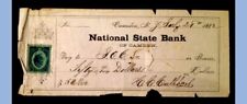 1882 antique NATIONAL STATE BANK camden nj CHECK,CUTHBERT w/REVENUE STAMP picture