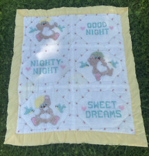 Vintage Cross Stitch Baby Quilt Yellow Gingham Backing Teddy Bears 36 x 41 in picture