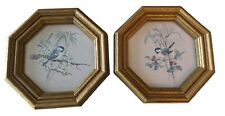 Vintage HOMCO INC. Chickadee Bird Gold Glass Octogon Framed Set Wall Art Pair picture