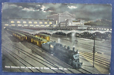 1916 Kansas City Missouri New Union Station & Train at Night Postcard & Cancel picture