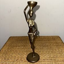 Vintage 11” Brass African Woman Sculpture Carrying Baby on Hip Bowl on Head picture