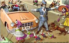 Alfred Mainzer Artwork Postcard Dressed Cats Driving Car Geese Crossing Street picture