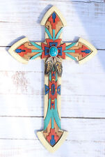 Rustic Southwest Indian Navajo Vector Feathers And Turquoise Rock Wall Cross picture