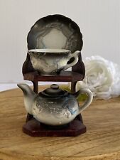 VINTAGE Miniature Tea Set w/ Display Stand GREY Made in Japan Porcelain Dragon picture