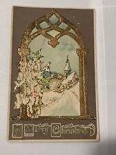 1908 Art Noveau Christmas Postcard Gel Altar, Holly, Birds, & Winter Scene picture