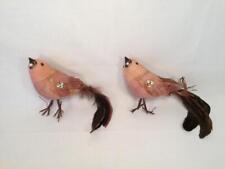 SET OF 2  PINK BIRDS WIRE FEET FEATHERS PEARLS SEQUINS ORNAMENT VINTAGE LOOK picture