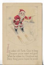 VTG Christmas Postcard - 1921 Old Fashioned Santa Claus Skiing Down Hill picture