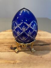 Czech Bohemian Crystal Egg, Cobalt Blue Cut to Clear, 4.5” on Metal Stand, EUC picture