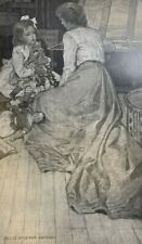 1904 Vintage Illustration Victorian Woman Playing With Girl and Her Dolls picture