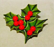 Vintage Christmas Holy Leaf Green Red Brooch Pin 12K 85 picture