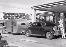 Vintage Humble Gas Station PHOTO 1930s RV Trailer Camper Pumps Service Station   picture