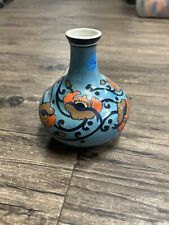 Vintage Kinkozan Porcelain Pottery Narrow Neck Vase with Blue Floral Design picture